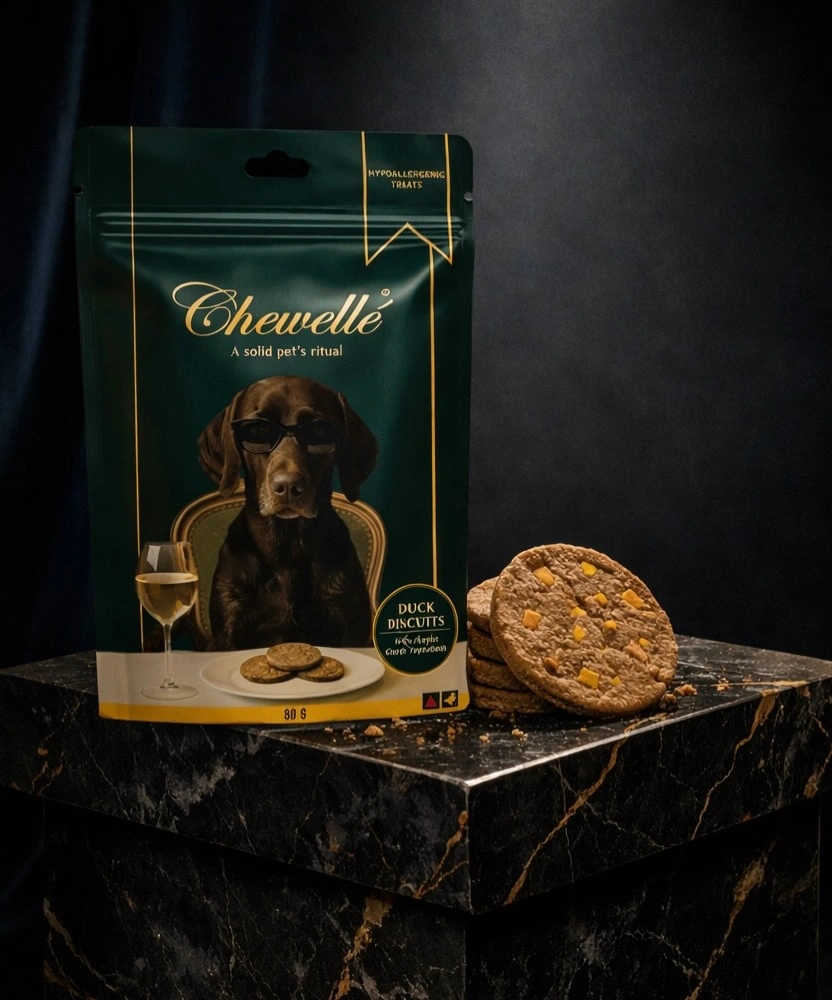 Chewellé duck biscuit treat on marble surface — premium pet food India
